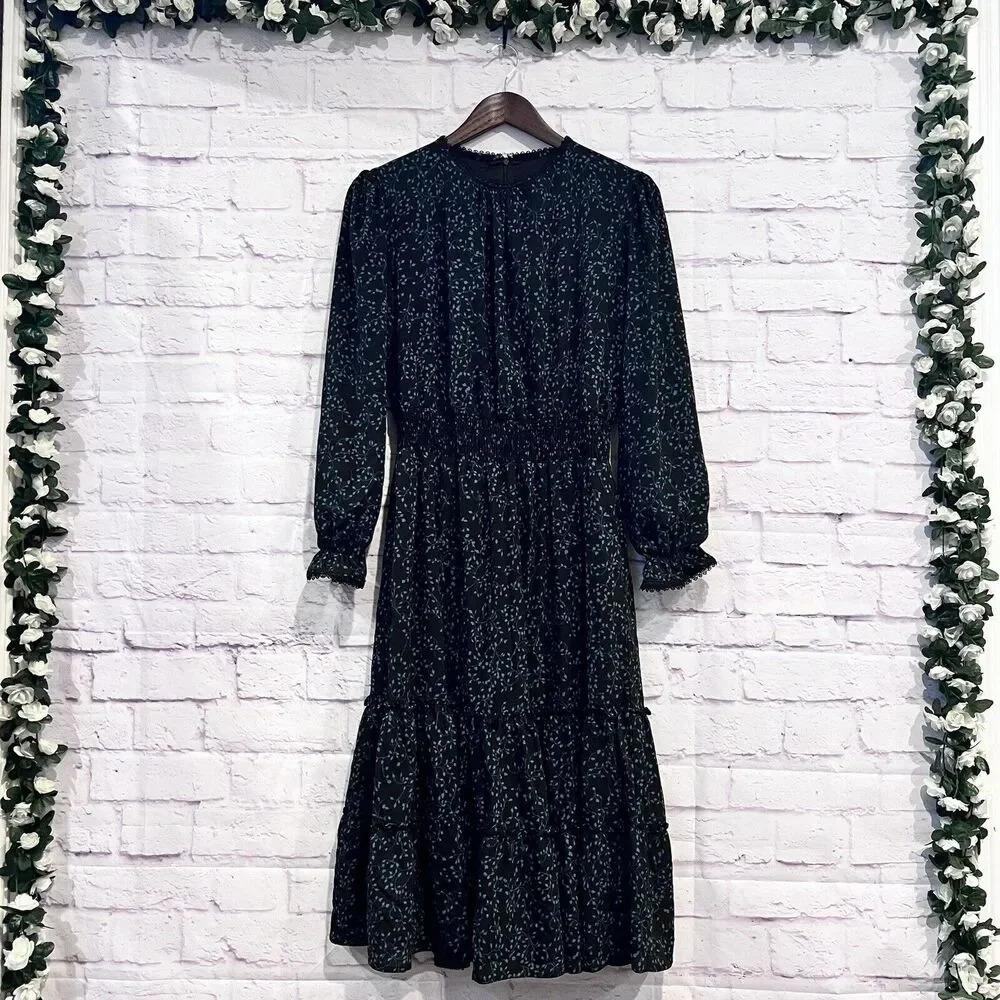 Women’s Cottage Teal Peasant Maxi Dress Polka Dot Smocked Dark Green‎ Medium